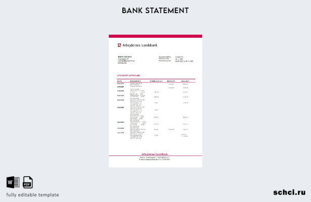 цифровая загрузка шаблон слова банковской выписки Дании Arbejdernes Landsbank